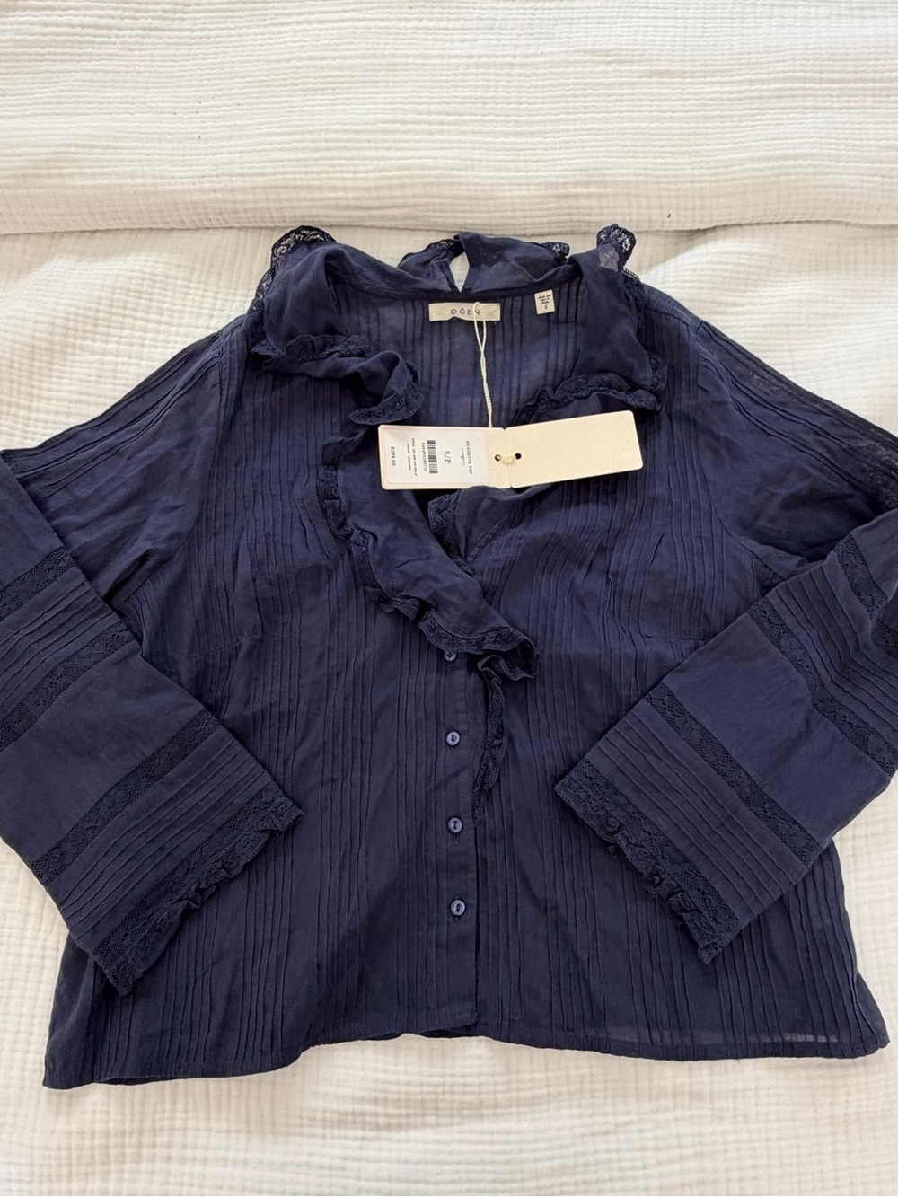 Doen Navy Ruffle-Trim Cotton Pintuck Blouse